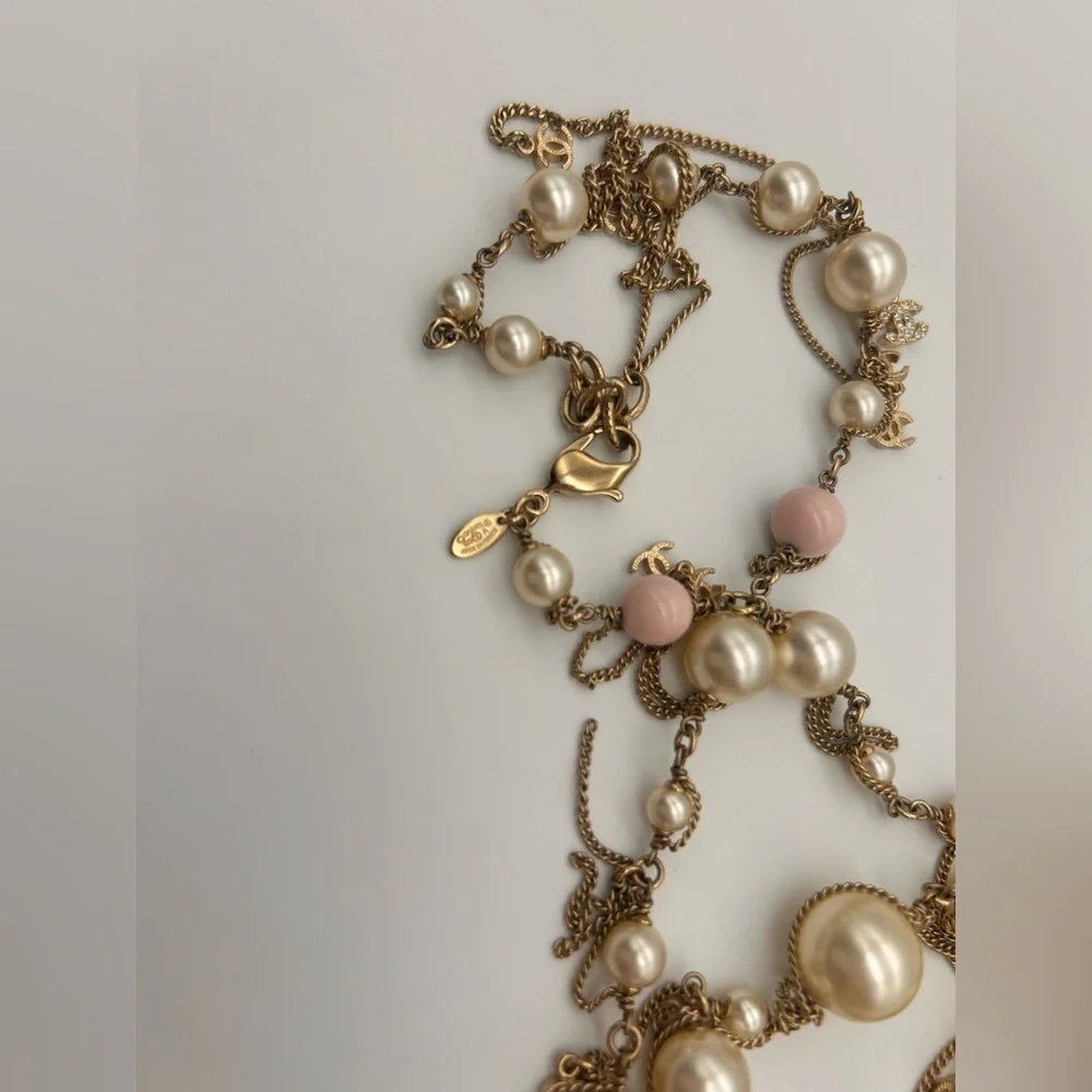 Chanel 100% Authentic Pearl 3 Large CC Long Necklace Silver Pink Tone 20 Inch